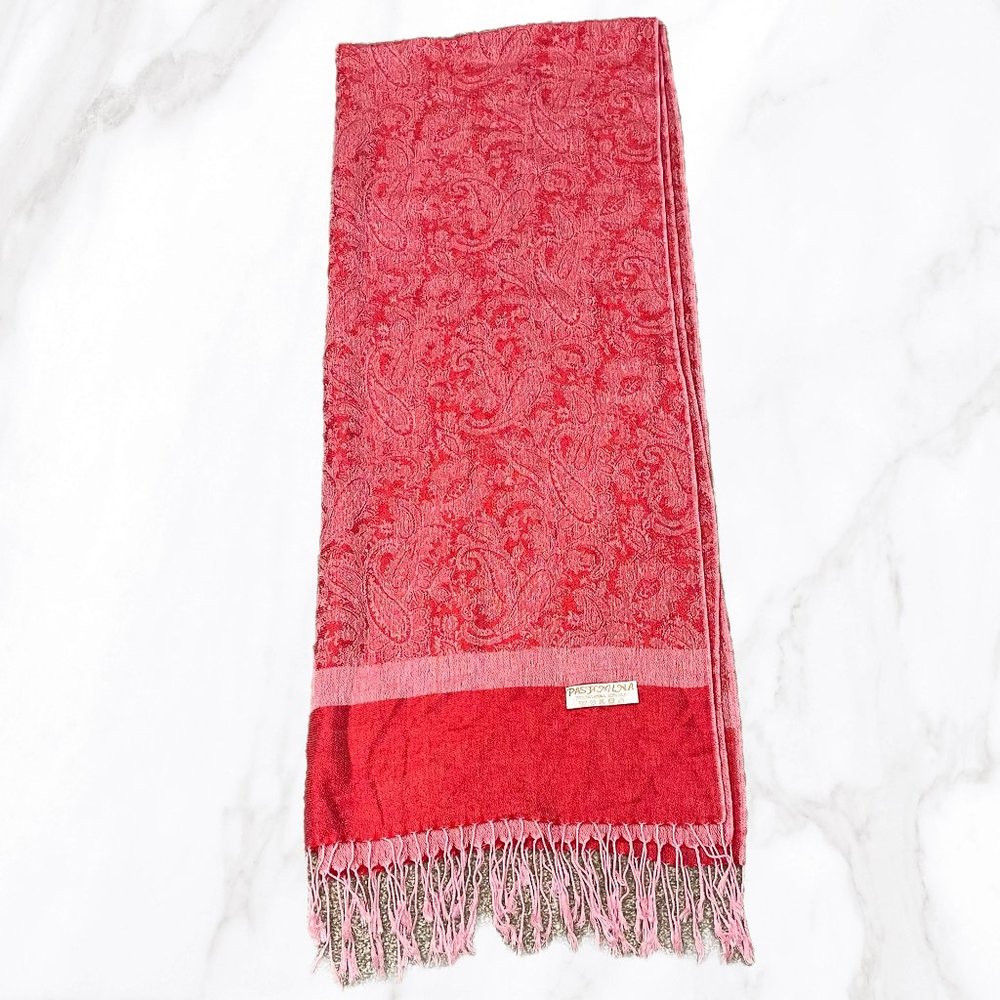 Pashmina Red & Pink‎ Paisley Silk Blend Fringed Shawl, OS